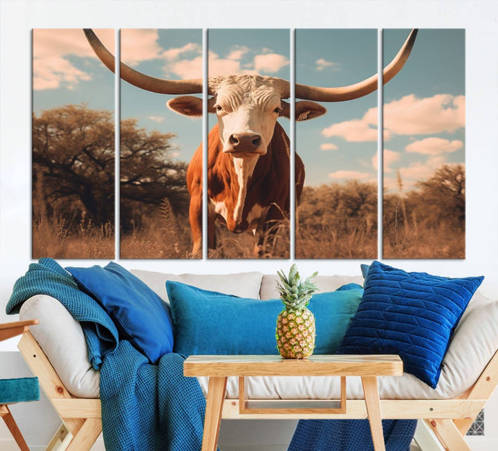 Cow Bighorn Wall Art Canvas Print, Longhorn Texas Large Cow Animal Canvas Print