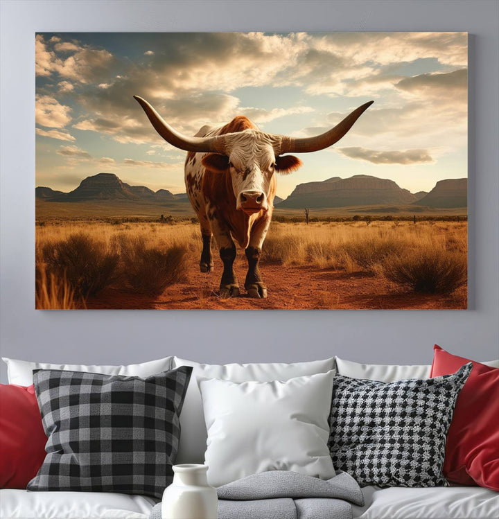 Cow Bighorn Wall Art Canvas Print, Longhorn Texas Large Cow Animal Canvas Print