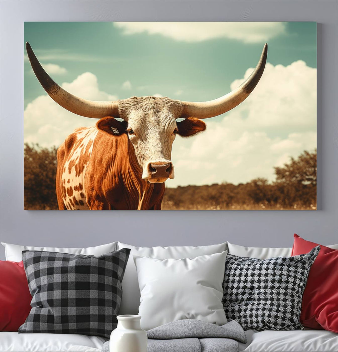 Cow Bighorn Wall Art Canvas Print, Longhorn Texas Large Cow Animal Canvas Print