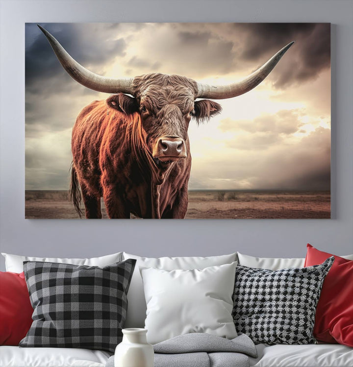 Cow Bighorn Wall Art Canvas Print, Longhorn Texas Large Cow Animal Canvas Print