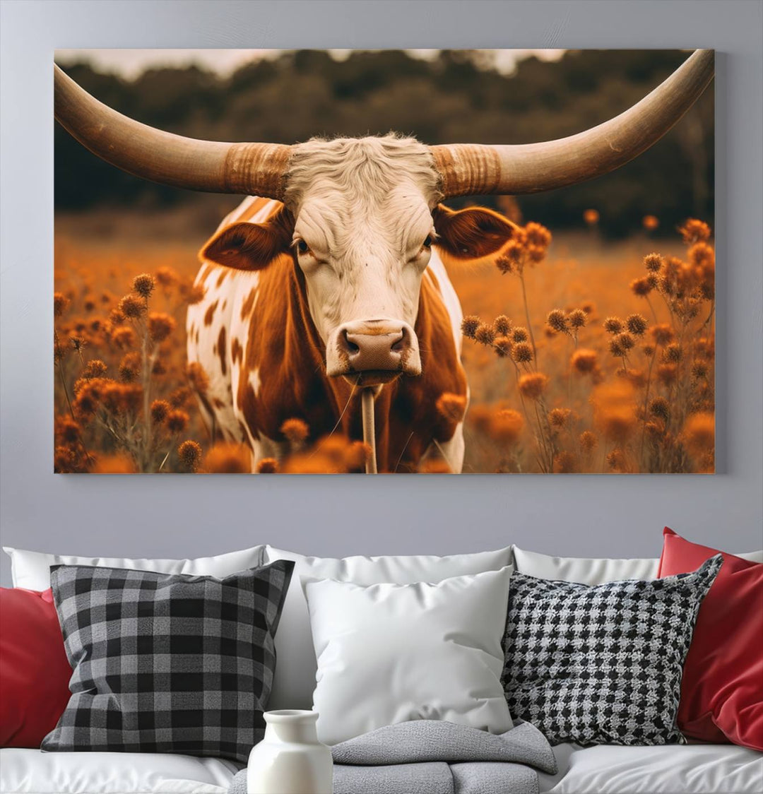 Cow Bighorn Wall Art Canvas Print, Longhorn Texas Large Cow Animal Canvas Print