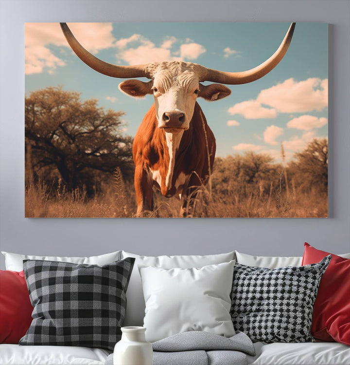 Cow Bighorn Wall Art Canvas Print, Longhorn Texas Large Cow Animal Canvas Print