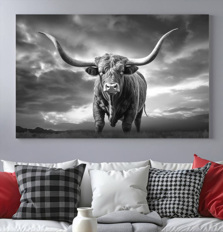 Cow Bighorn Wall Art Canvas Print, Longhorn Texas Large Cow Animal Canvas Print