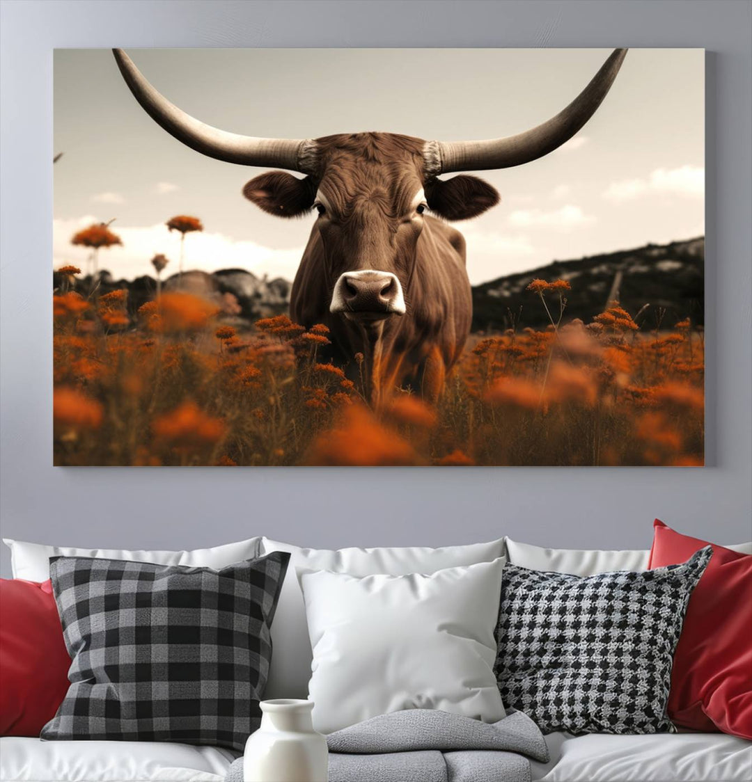 Cow Bighorn Wall Art Canvas Print, Longhorn Texas Large Cow Animal Canvas Print