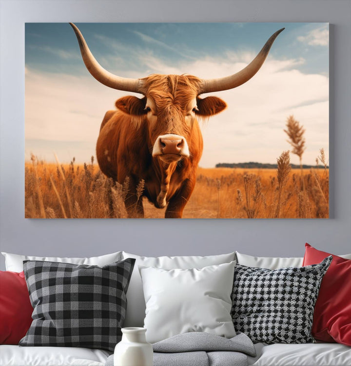 Cow Bighorn Wall Art Canvas Print, Longhorn Texas Large Cow Animal Canvas Print