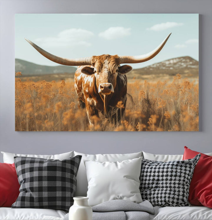 Cow Bighorn Wall Art Canvas Print, Longhorn Texas Large Cow Animal Canvas Print