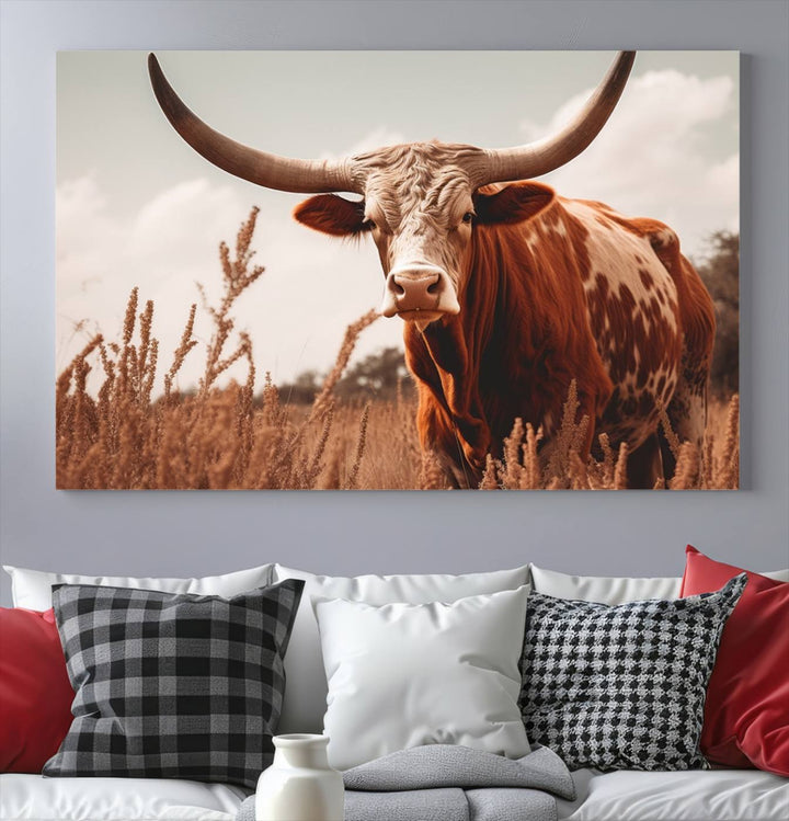 Cow Bighorn Wall Art Canvas Print, Longhorn Texas Large Cow Animal Canvas Print