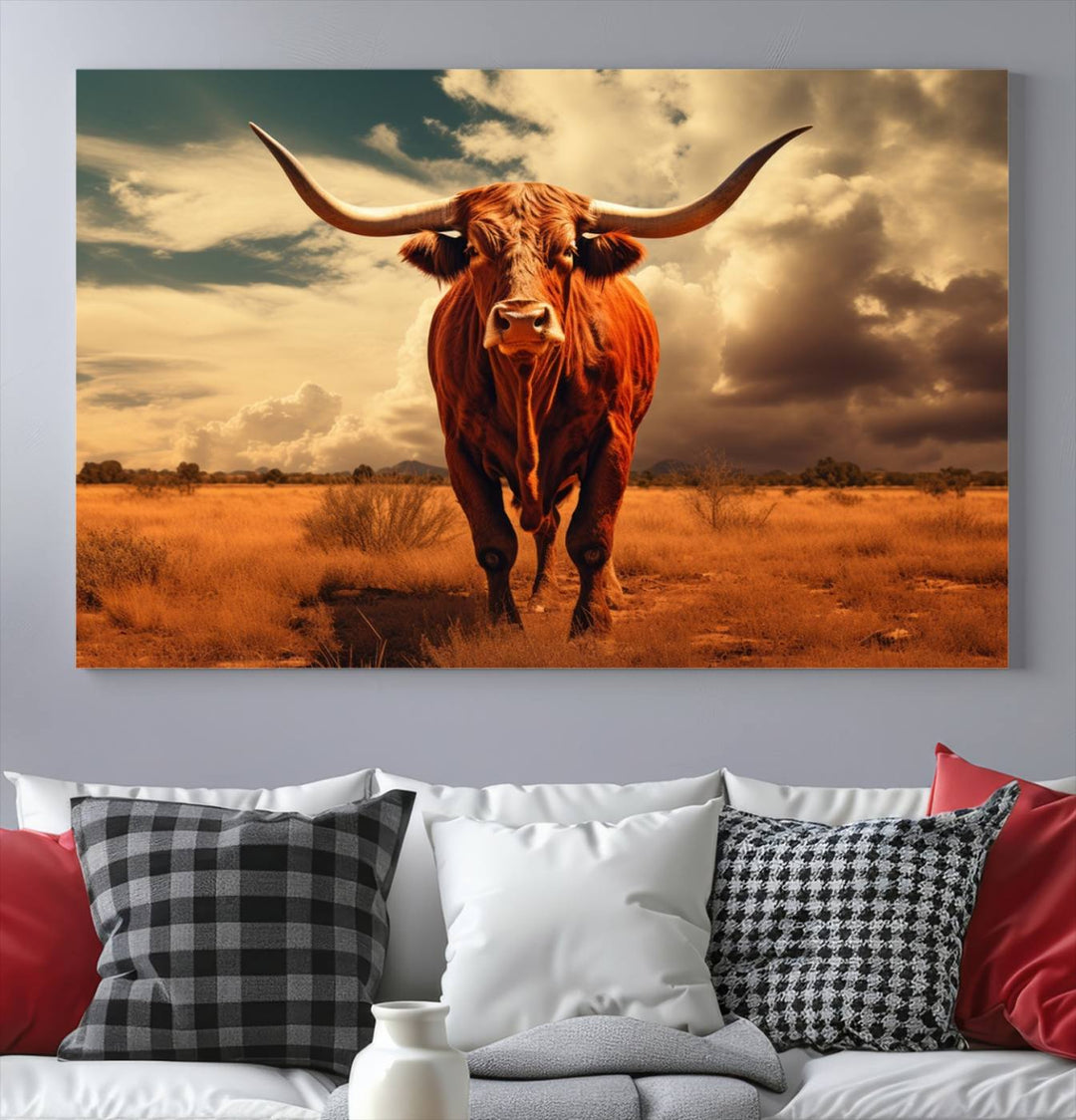 Cow Bighorn Wall Art Canvas Print, Longhorn Texas Large Cow Animal Canvas Print