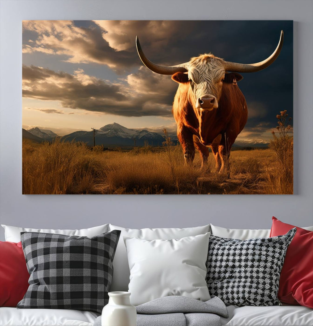 Cow Bighorn Wall Art Canvas Print, Longhorn Texas Large Cow Animal Canvas Print