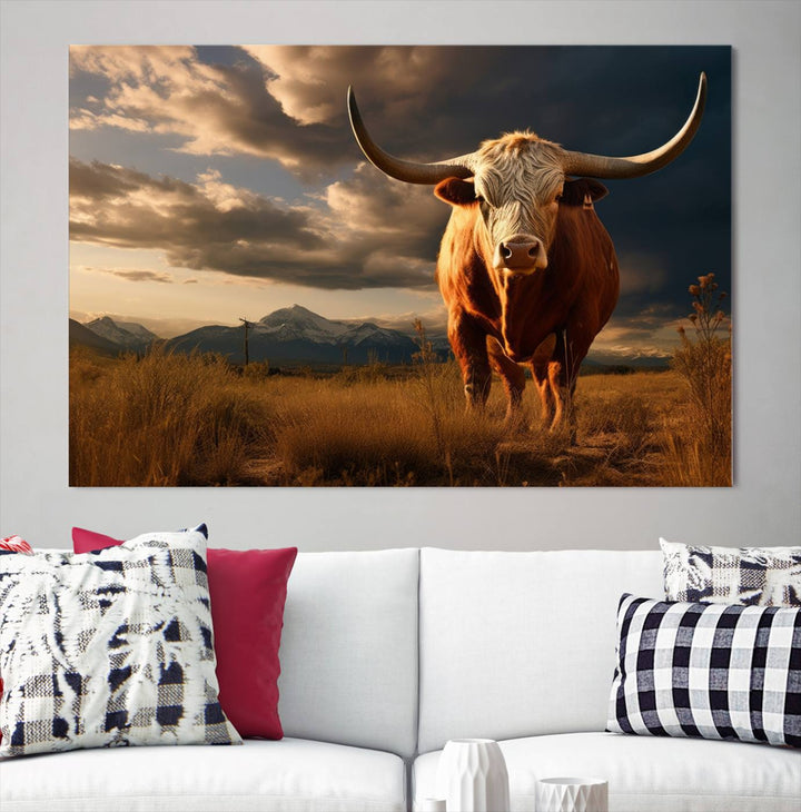 Cow Bighorn Wall Art Canvas Print, Longhorn Texas Large Cow Animal Canvas Print