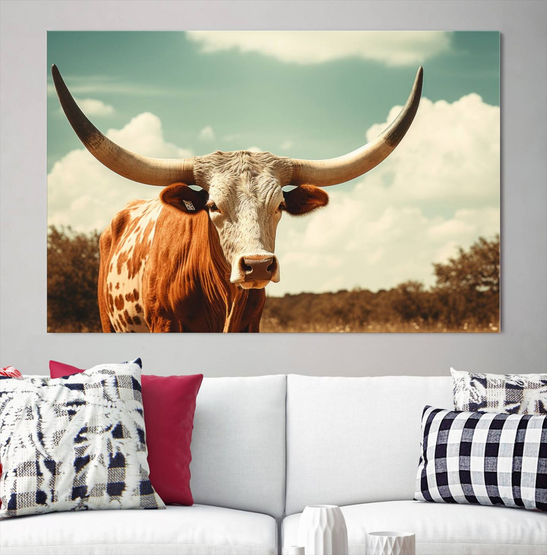 Cow Bighorn Wall Art Canvas Print, Longhorn Texas Large Cow Animal Canvas Print