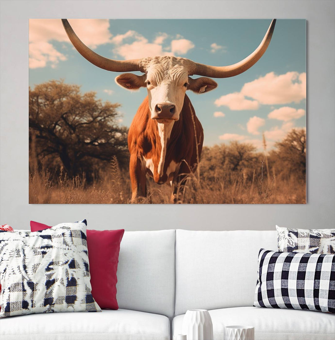 Cow Bighorn Wall Art Canvas Print, Longhorn Texas Large Cow Animal Canvas Print