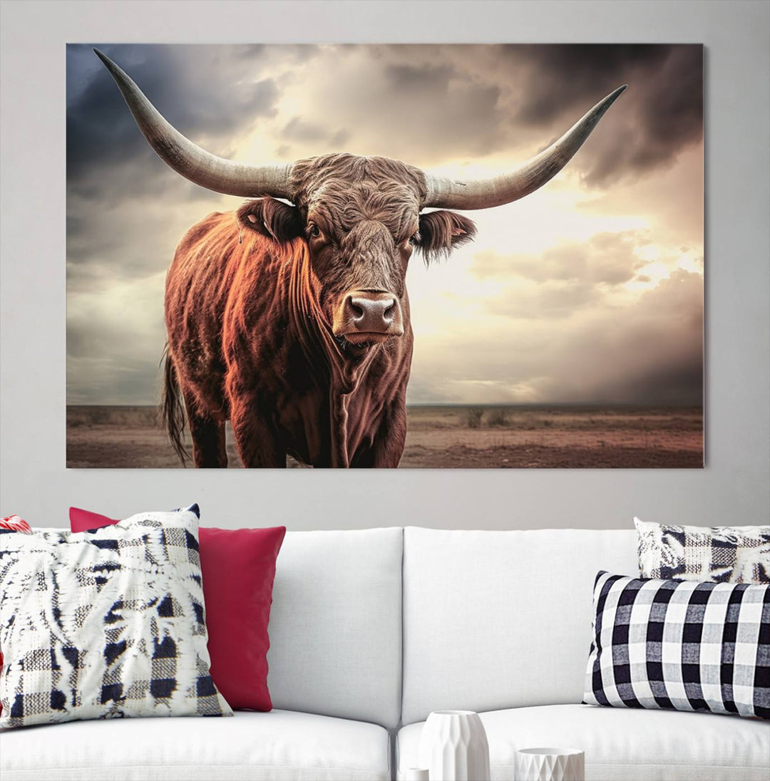 Cow Bighorn Wall Art Canvas Print, Longhorn Texas Large Cow Animal Canvas Print