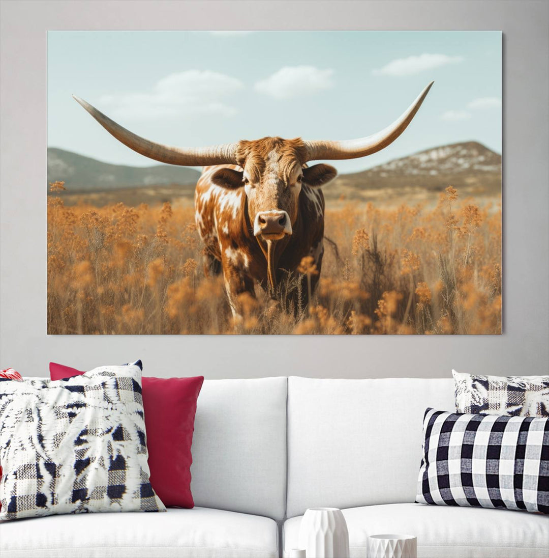 Cow Bighorn Wall Art Canvas Print, Longhorn Texas Large Cow Animal Canvas Print