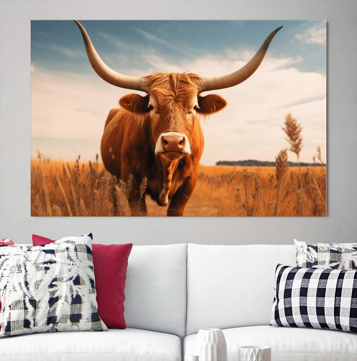 Cow Bighorn Wall Art Canvas Print, Longhorn Texas Large Cow Animal Canvas Print