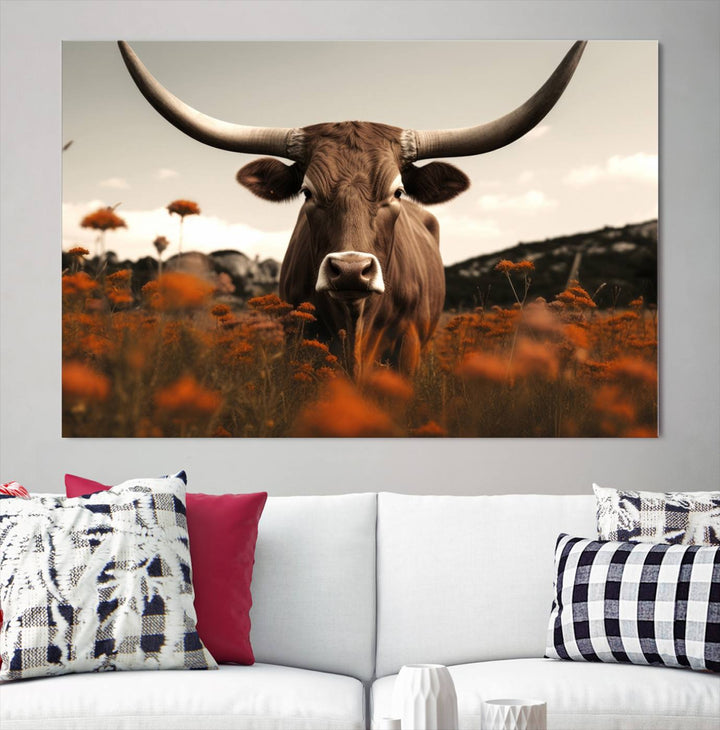 Cow Bighorn Wall Art Canvas Print, Longhorn Texas Large Cow Animal Canvas Print