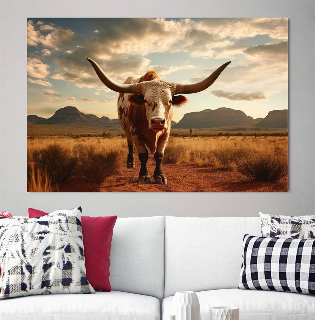 Cow Bighorn Wall Art Canvas Print, Longhorn Texas Large Cow Animal Canvas Print