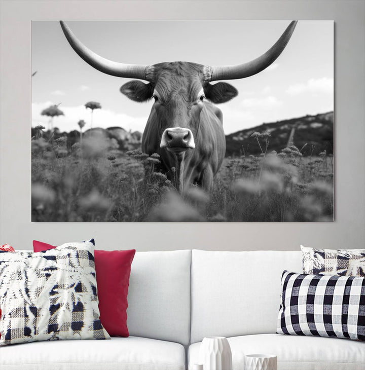 Cow Bighorn Wall Art Canvas Print, Longhorn Texas Large Cow Animal Canvas Print