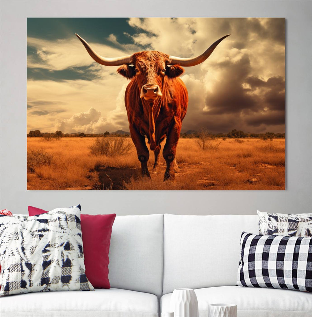 Cow Bighorn Wall Art Canvas Print, Longhorn Texas Large Cow Animal Canvas Print