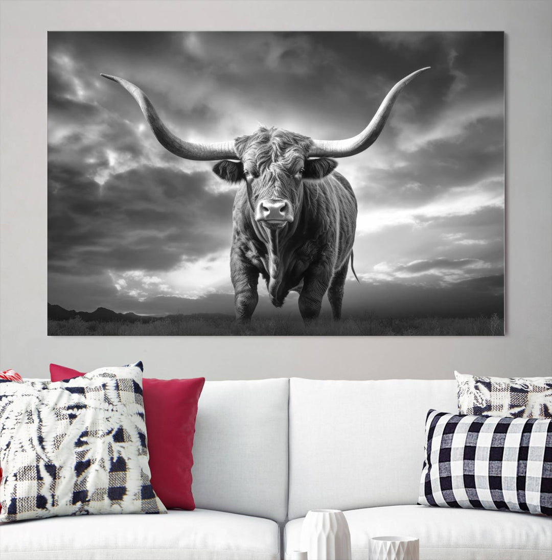 Cow Bighorn Wall Art Canvas Print, Longhorn Texas Large Cow Animal Canvas Print