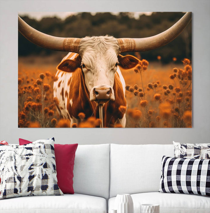 Cow Bighorn Wall Art Canvas Print, Longhorn Texas Large Cow Animal Canvas Print