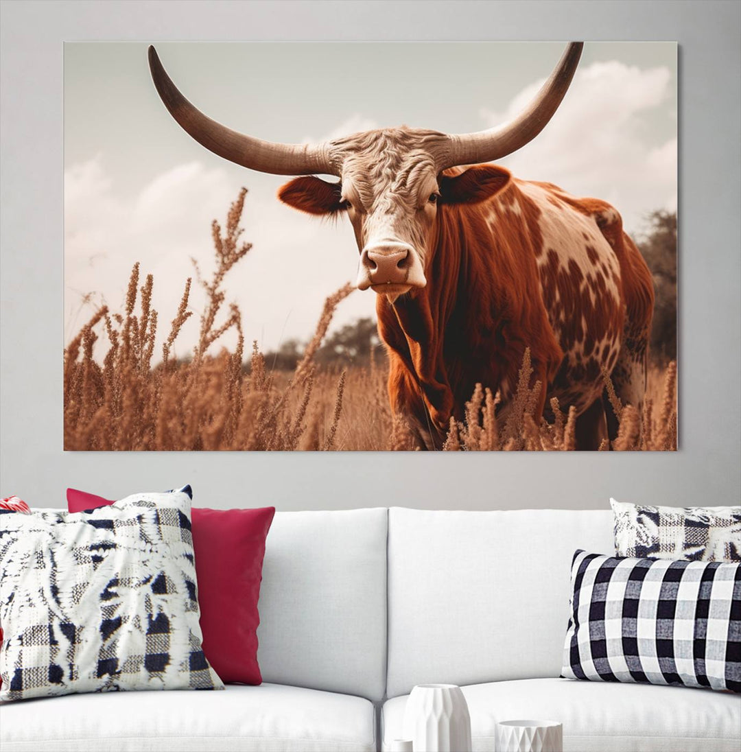 Cow Bighorn Wall Art Canvas Print, Longhorn Texas Large Cow Animal Canvas Print