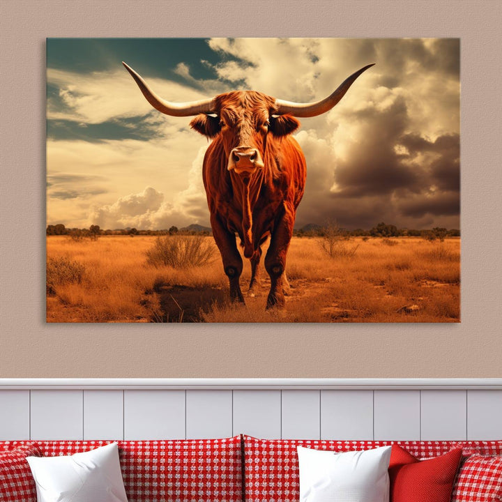 Cow Bighorn Wall Art Canvas Print, Longhorn Texas Large Cow Animal Canvas Print