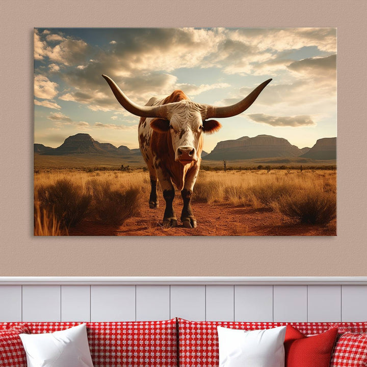 Cow Bighorn Wall Art Canvas Print, Longhorn Texas Large Cow Animal Canvas Print