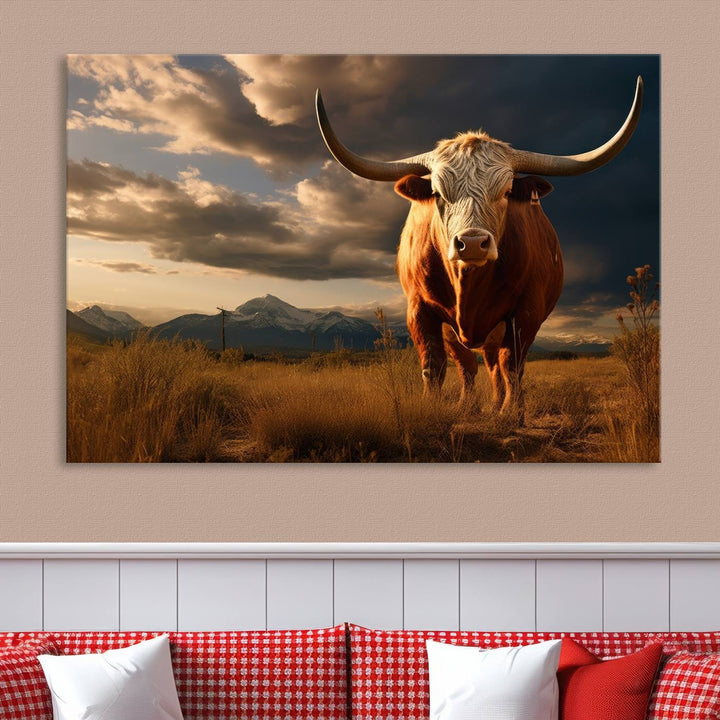 Cow Bighorn Wall Art Canvas Print, Longhorn Texas Large Cow Animal Canvas Print