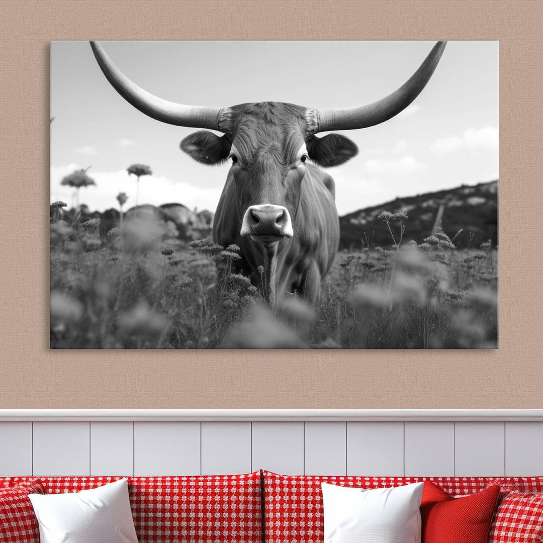 Cow Bighorn Wall Art Canvas Print, Longhorn Texas Large Cow Animal Canvas Print