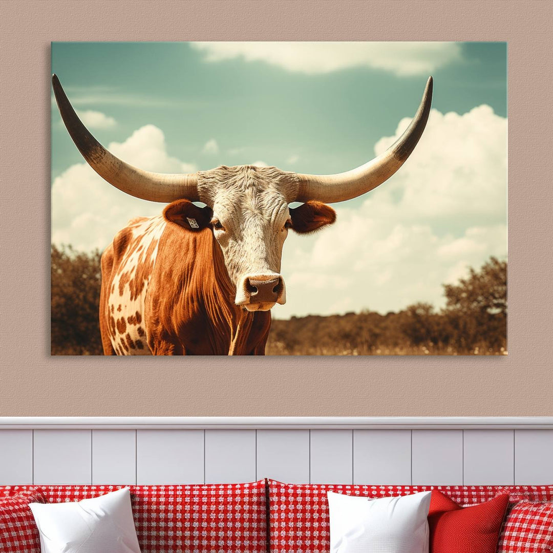 Cow Bighorn Wall Art Canvas Print, Longhorn Texas Large Cow Animal Canvas Print