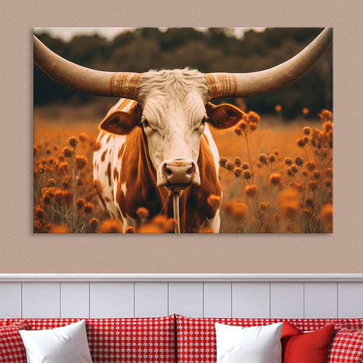 Cow Bighorn Wall Art Canvas Print, Longhorn Texas Large Cow Animal Canvas Print