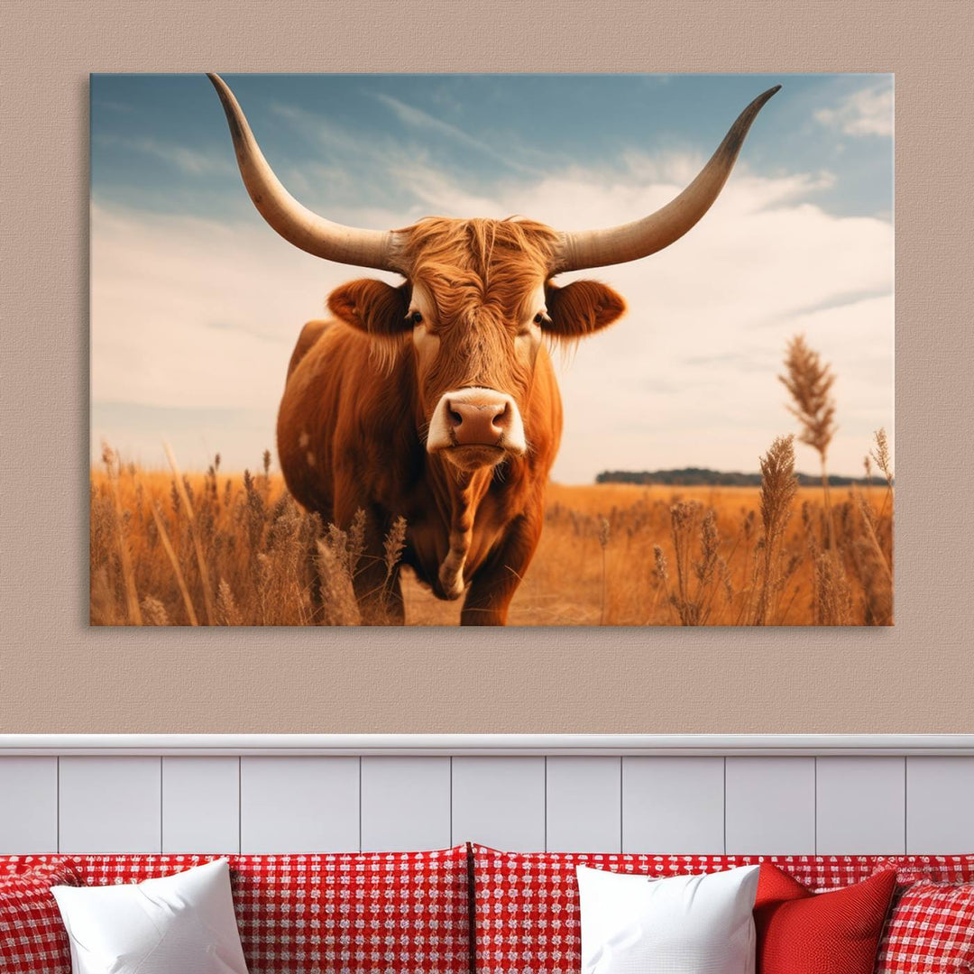 Cow Bighorn Wall Art Canvas Print, Longhorn Texas Large Cow Animal Canvas Print