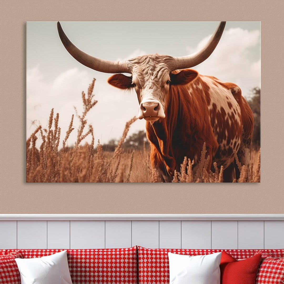 Cow Bighorn Wall Art Canvas Print, Longhorn Texas Large Cow Animal Canvas Print