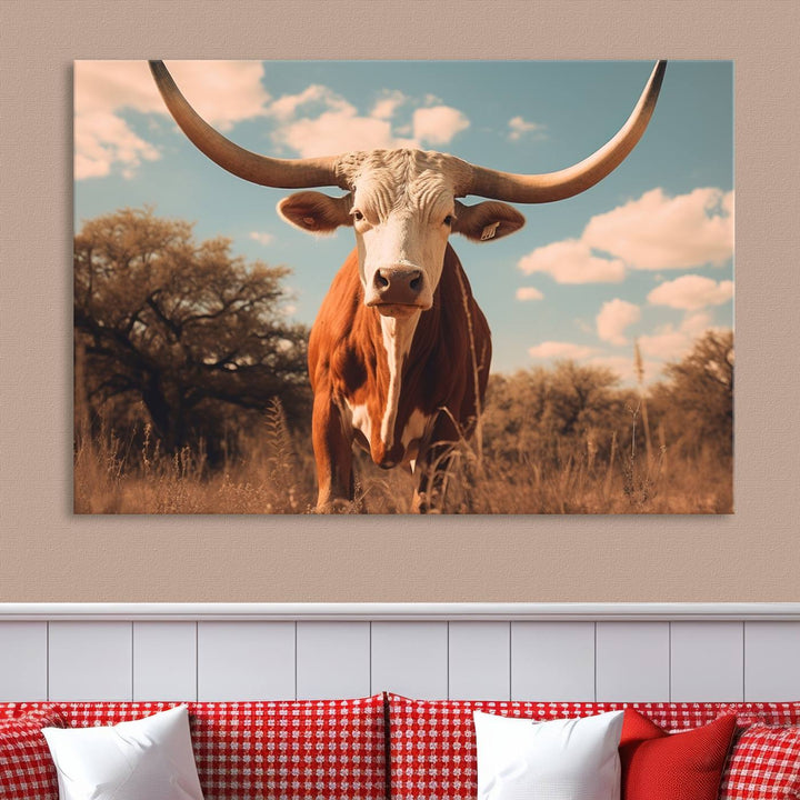 Cow Bighorn Wall Art Canvas Print, Longhorn Texas Large Cow Animal Canvas Print