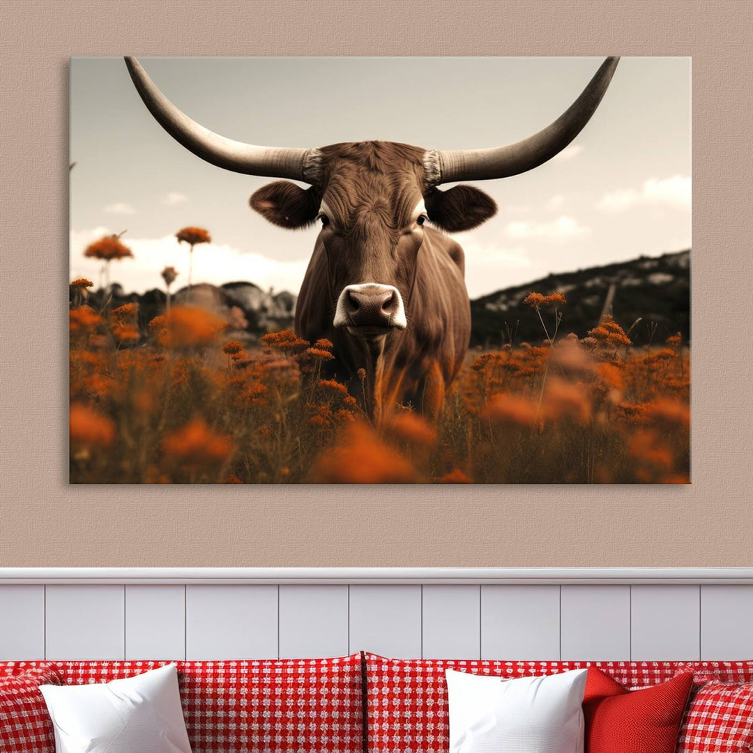 Cow Bighorn Wall Art Canvas Print, Longhorn Texas Large Cow Animal Canvas Print