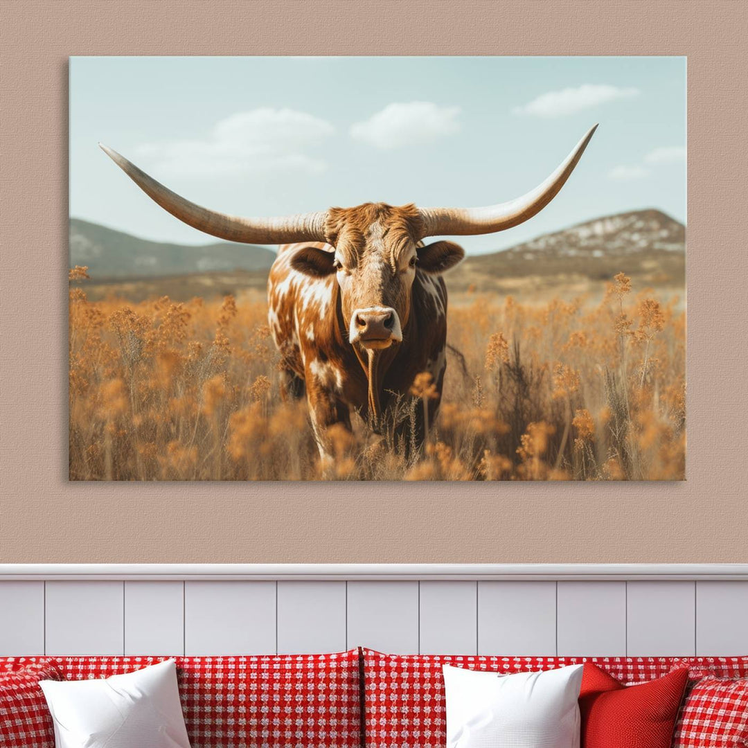 Cow Bighorn Wall Art Canvas Print, Longhorn Texas Large Cow Animal Canvas Print