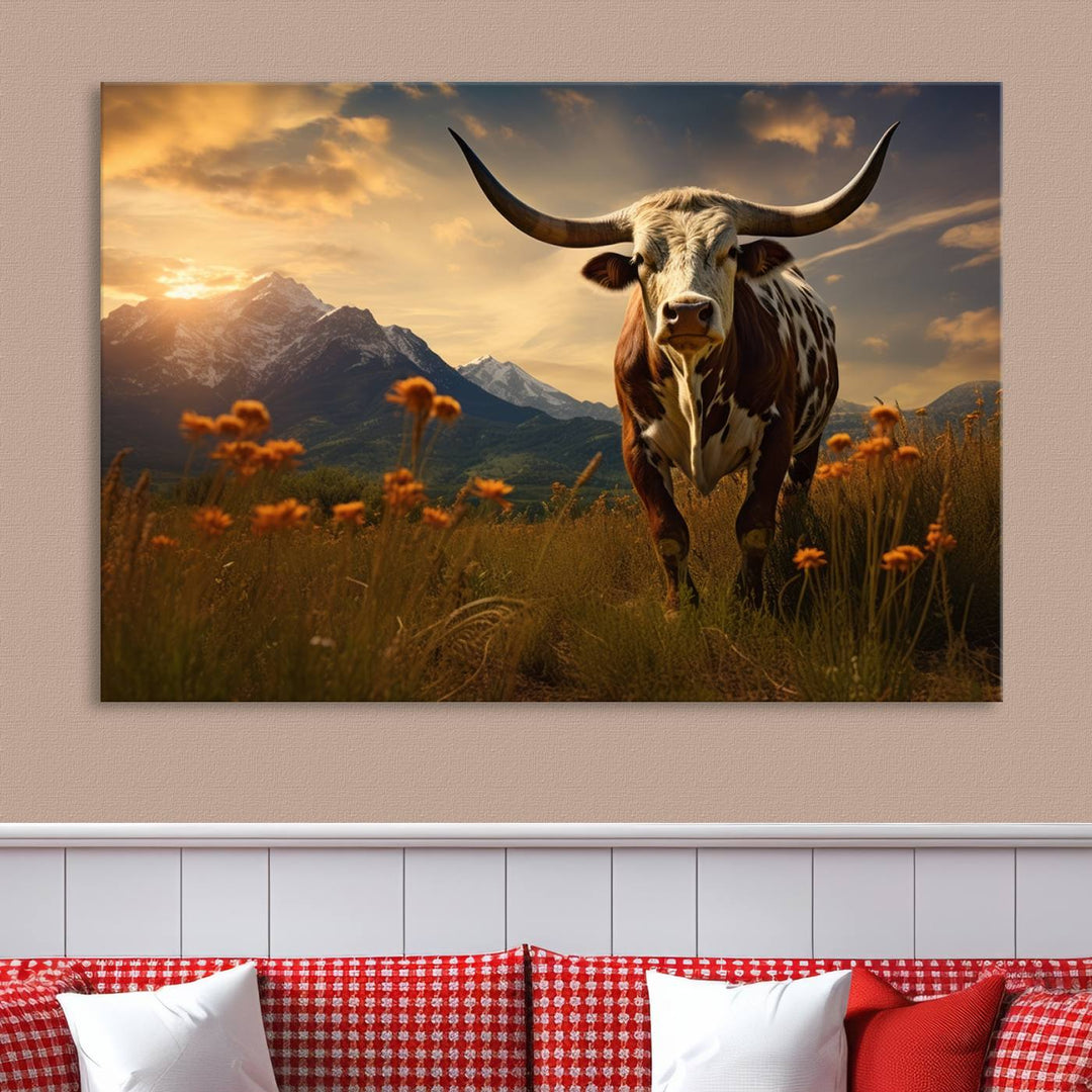 Cow Bighorn Wall Art Canvas Print, Longhorn Texas Large Cow Animal Canvas Print