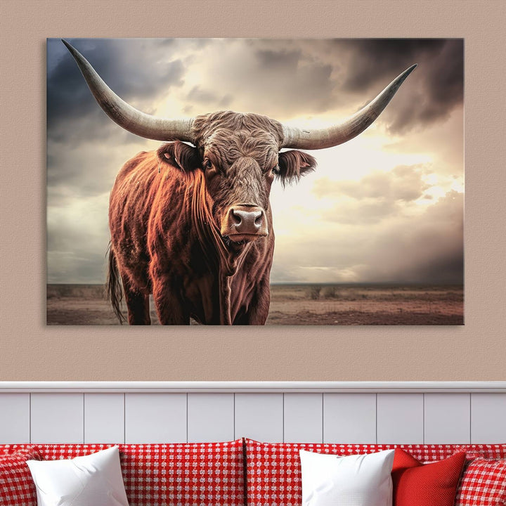 Cow Bighorn Wall Art Canvas Print, Longhorn Texas Large Cow Animal Canvas Print