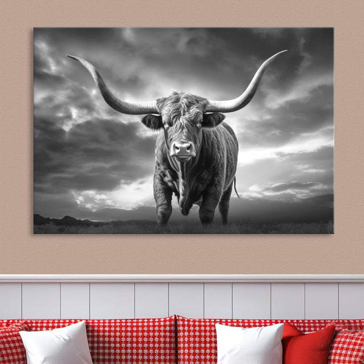 Cow Bighorn Wall Art Canvas Print, Longhorn Texas Large Cow Animal Canvas Print