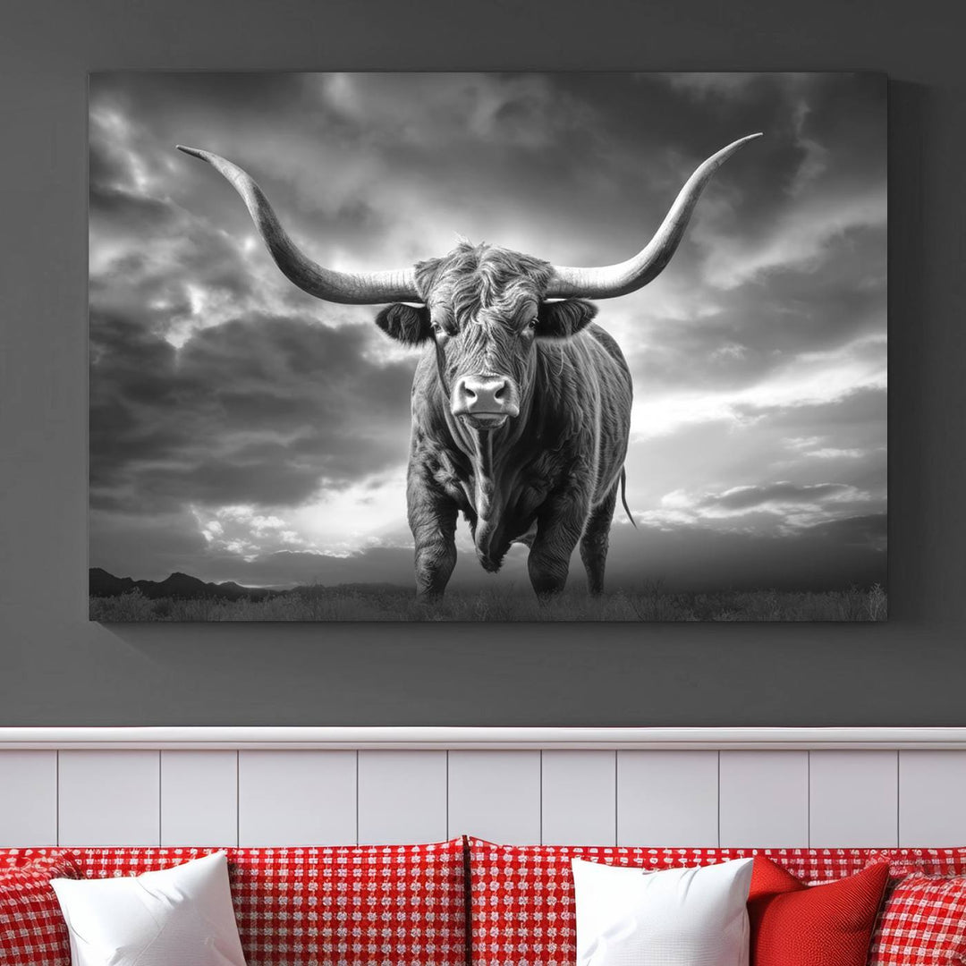 Cow Bighorn Wall Art Canvas Print, Longhorn Texas Large Cow Animal Canvas Print