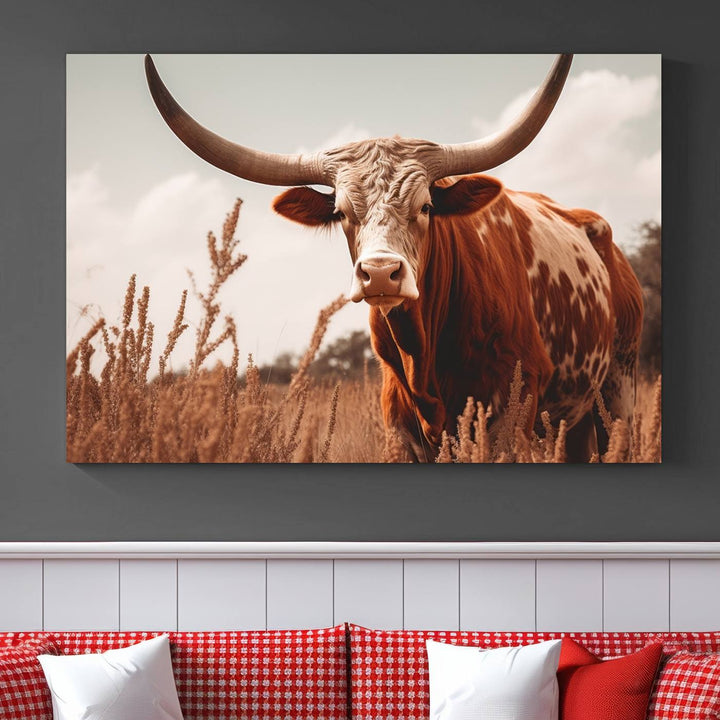 Cow Bighorn Wall Art Canvas Print, Longhorn Texas Large Cow Animal Canvas Print