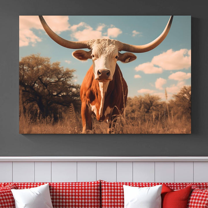 Cow Bighorn Wall Art Canvas Print, Longhorn Texas Large Cow Animal Canvas Print