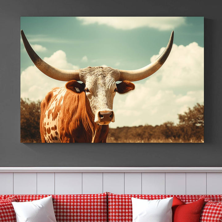 Cow Bighorn Wall Art Canvas Print, Longhorn Texas Large Cow Animal Canvas Print