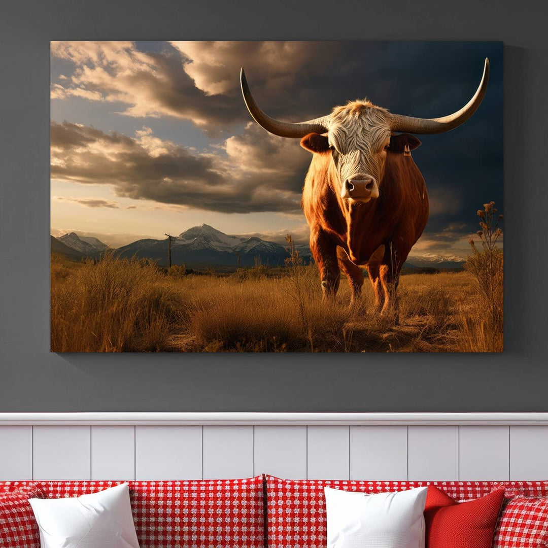 Cow Bighorn Wall Art Canvas Print, Longhorn Texas Large Cow Animal Canvas Print