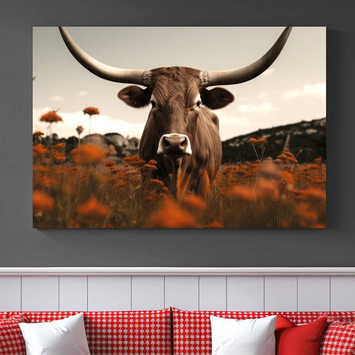 Cow Bighorn Wall Art Canvas Print, Longhorn Texas Large Cow Animal Canvas Print