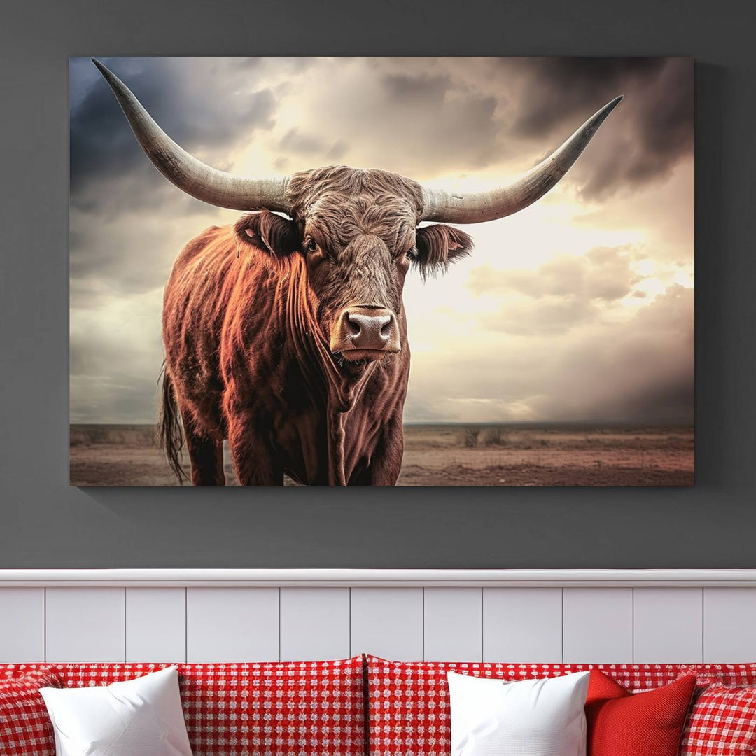 Cow Bighorn Wall Art Canvas Print, Longhorn Texas Large Cow Animal Canvas Print