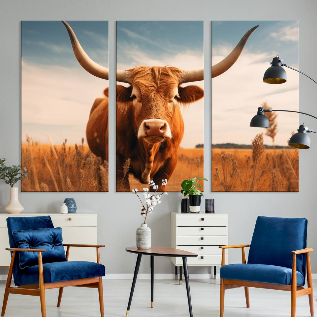 Cow Bighorn Wall Art Canvas Print, Longhorn Texas Large Cow Animal Canvas Print