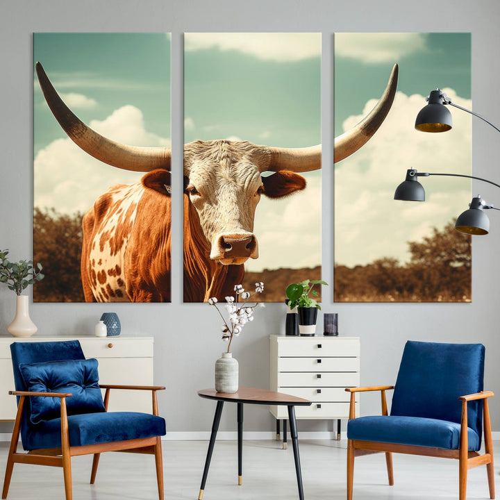 Cow Bighorn Wall Art Canvas Print, Longhorn Texas Large Cow Animal Canvas Print