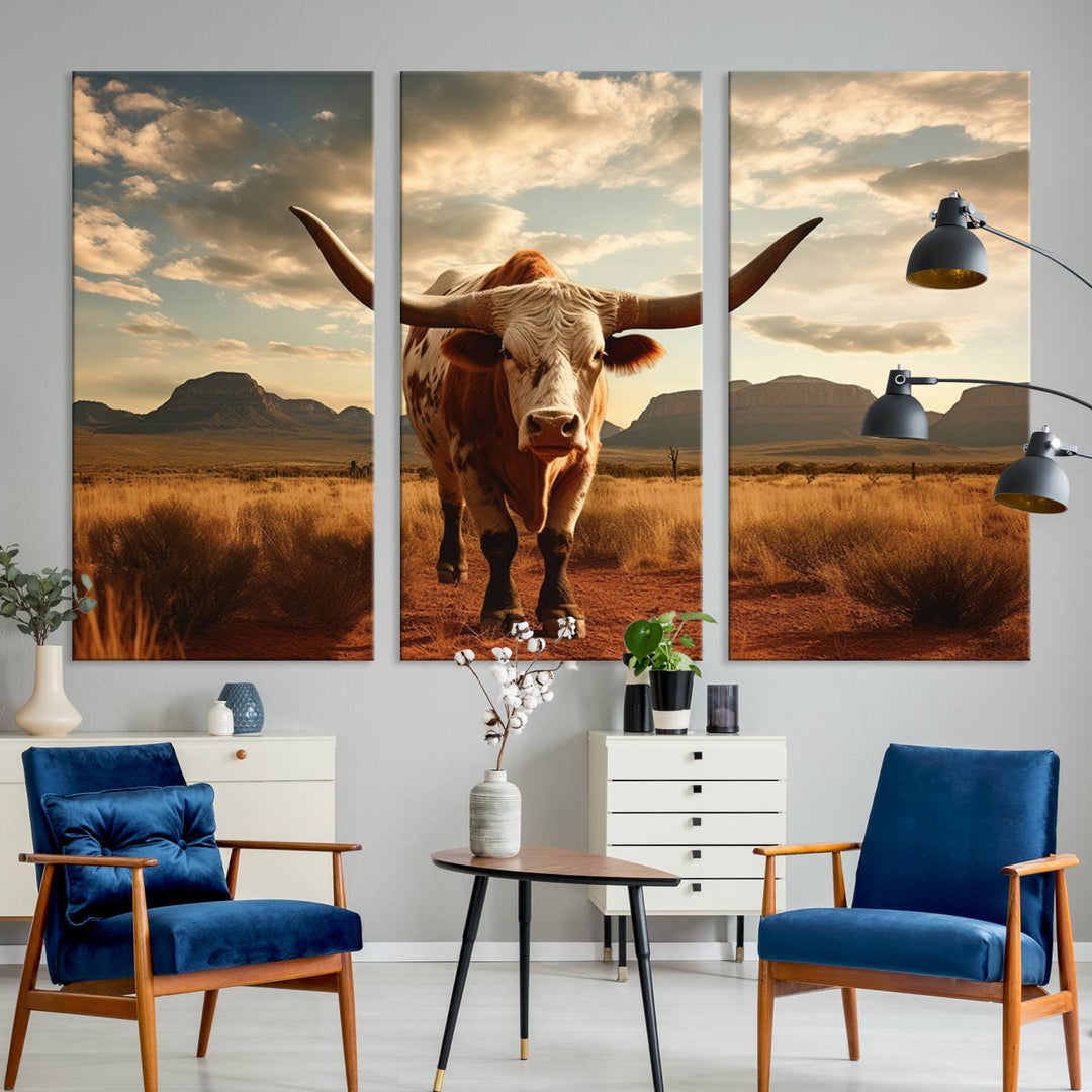 Cow Bighorn Wall Art Canvas Print, Longhorn Texas Large Cow Animal Canvas Print